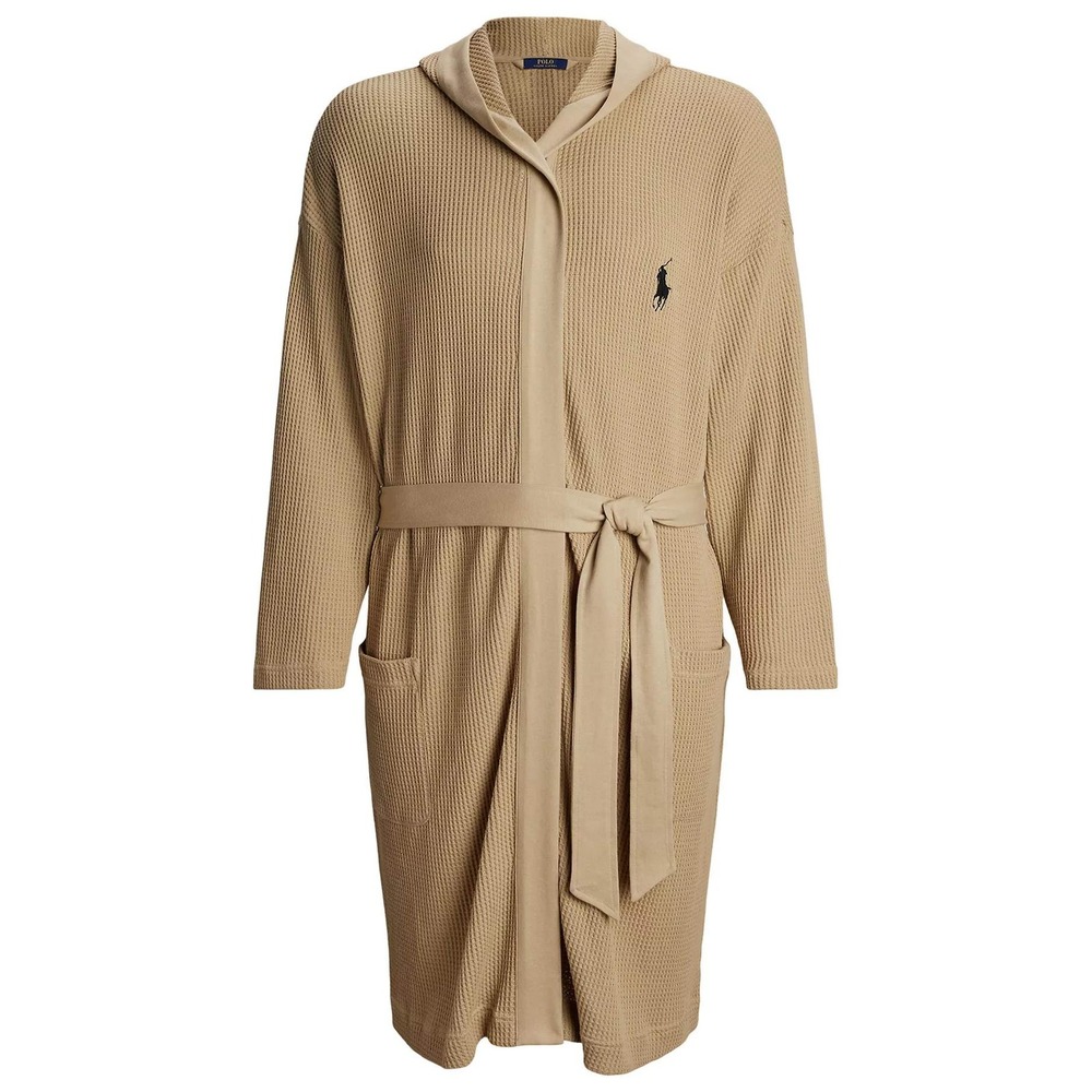 Polo Ralph Lauren Mens LRG/XL Waffle Knit Hooded Robe Tan Pony Logo Loungewear
